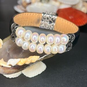 Honora Genuine Black Leather and Cultured Pearl Bracelet